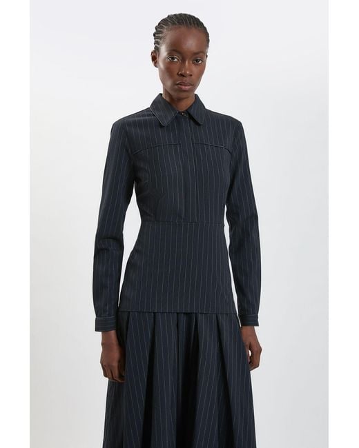 Karen Millen Blue Tailored Pinstripe Collared Maxi Dress