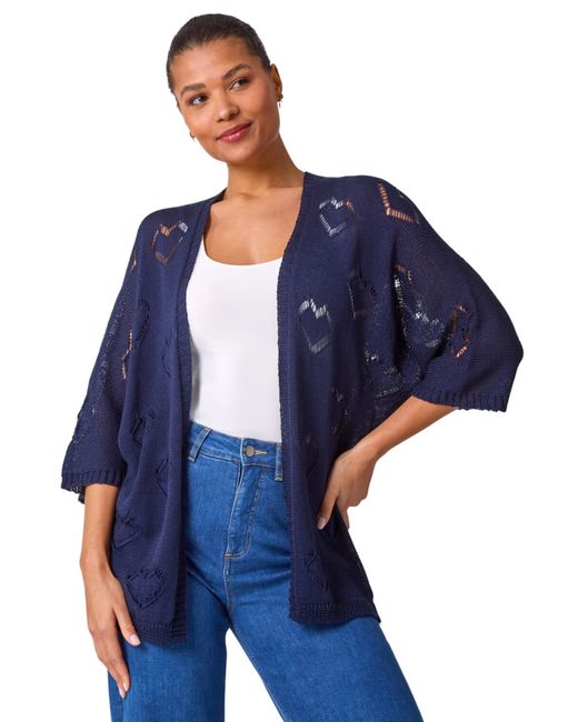 Roman Blue Pointelle Heart Knit Cardigan