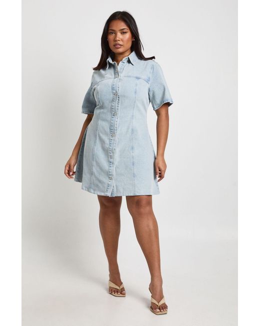 Boohoo Blue Plus Short Sleeve Cinched Waist Denim Dress