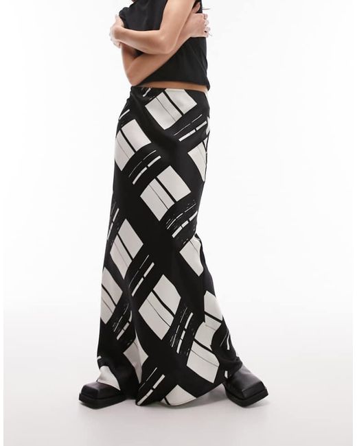 TOPSHOP White Satin Bias Skirt With Printed Check