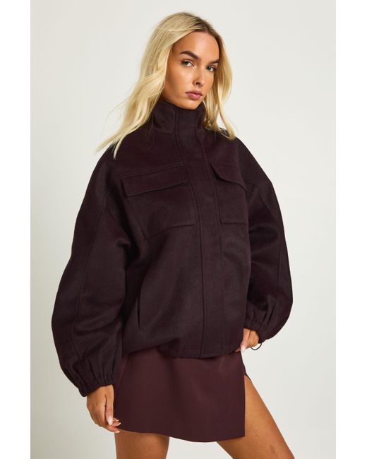 Boohoo Purple Funnel Neck Wool Look Bomber Jacket