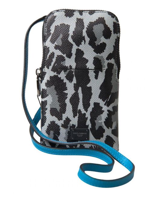 Dolce & Gabbana Blue Leopard Leather Crossbody Phone Bag for men