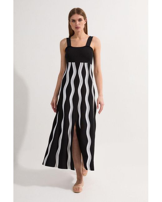 Karen Millen White Petite Contrast Wave Knit A-Line Knitted Strappy Dress