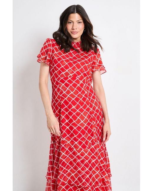 Wallis Red Check Burn Out Ruffle Midi Dress