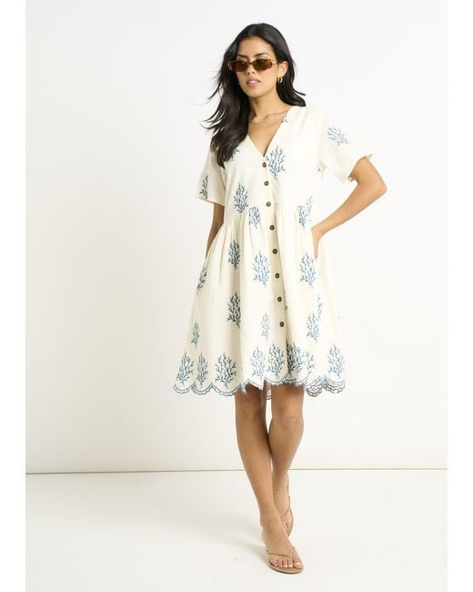 Gini London Natural Marshmallow Cotton Embroidered Smock Mini Dress
