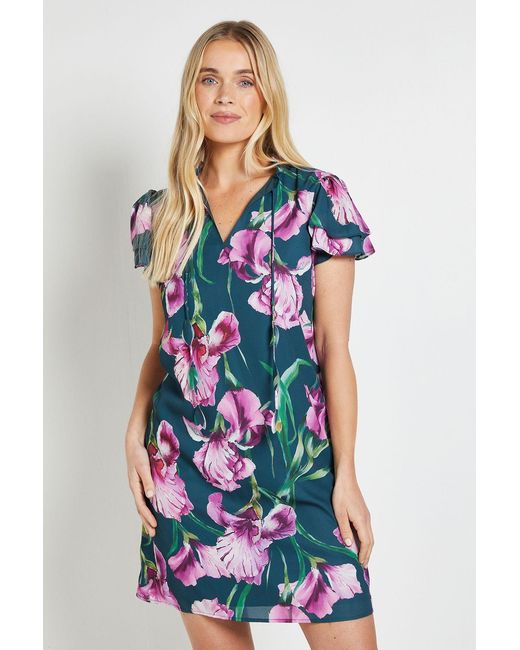 Wallis Blue Petite Floral Ruffle Neck Shift Dress