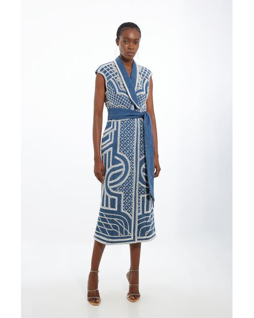 Karen Millen Blue Petite Premium Pearl Embellished Denim Woven Blazer Midi Dress