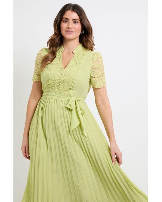 Wallis Green Lace Collarless Pleated Midi Dress