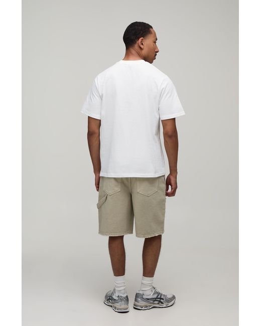 BoohooMAN Natural Ripped Carpenter Paint Splatter Relaxed Fit Denim Shorts for men