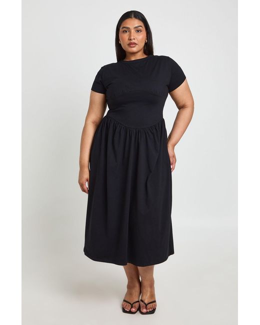 Boohoo Black Plus Cotton Cinched Waist Cap Sleeve Midi Dress