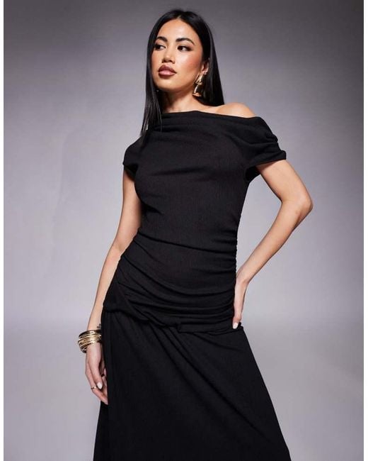 ASOS Blue Fallen Shoulder Ruched Asym Waist Midi Dress