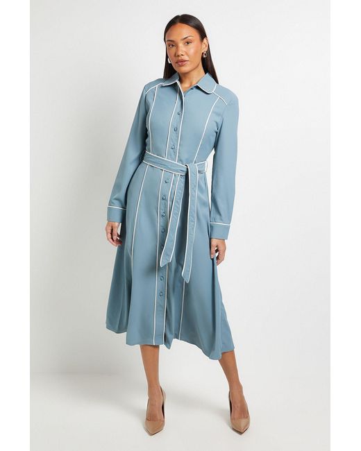 PRINCIPLES Blue Crepe Contrast Belted Shirt Dress