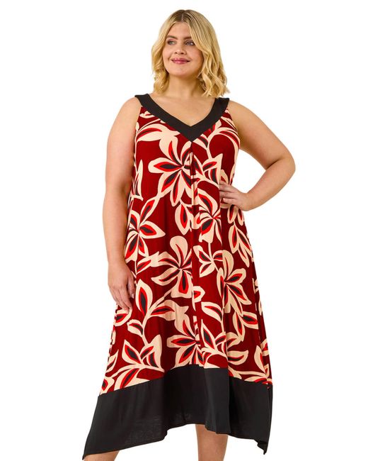 Roman Red Curve Floral Print V-Neck Dress