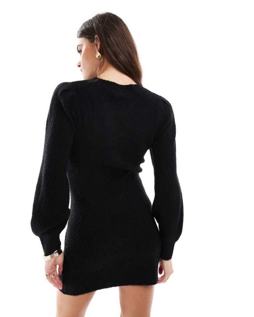 Miss Selfridge Black Crew Neck Puff Sleeve Knitted Mini Dress