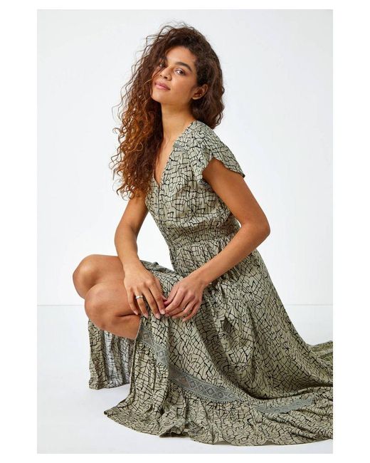Roman Green Lace Trim Button-Front Maxi Dress
