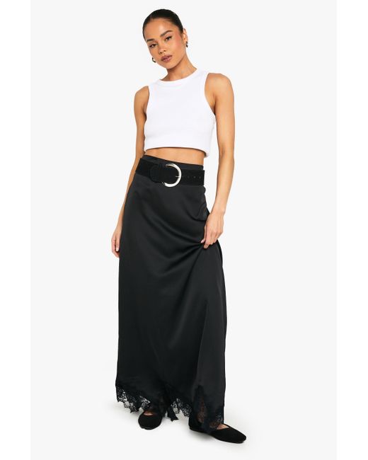 Boohoo Black Satin Lace Trim Maxi Slip Skirt