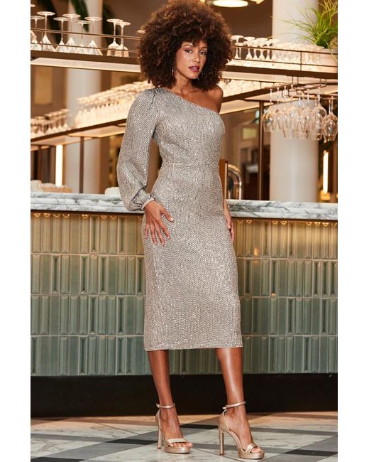 Sosandar Metallic Champagne Sequin One Sleeve Midi Dress