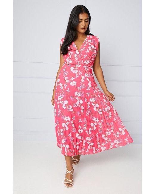 Oasis Pink Floral Pleated Wrap Midi Dress