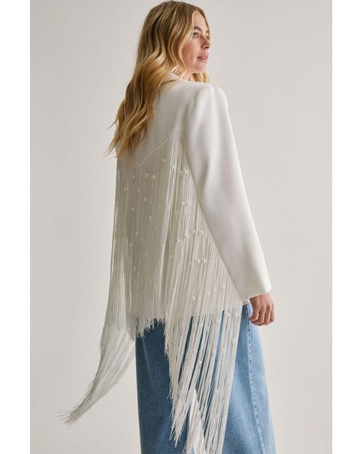 Nasty Gal White Limited Pearl Trim Fringe Oversized Blazer