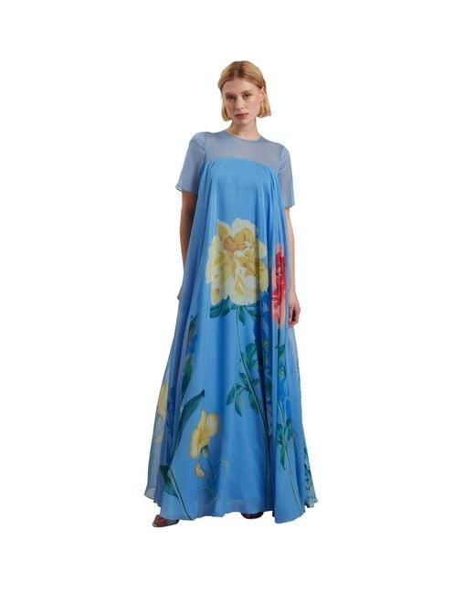 Ted Baker Blue Marie Cap Sleeve Volume Maxi Dress