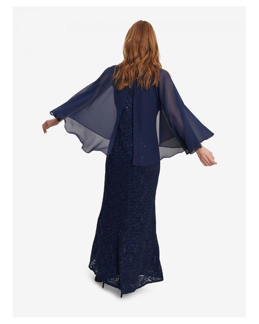 Gina Bacconi Blue Jayden Long Fit And Flare V-Neck Dress With Illusion Capelet