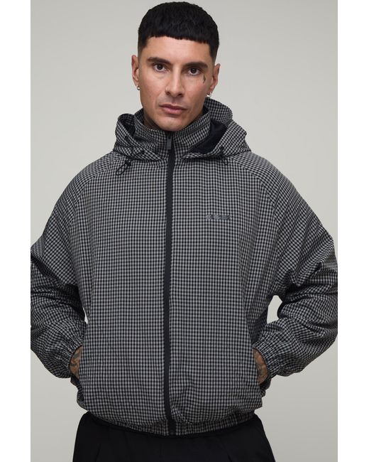 BoohooMAN Gray Tall Oversized Boxy Check Hooded Toggle Cagoule for men
