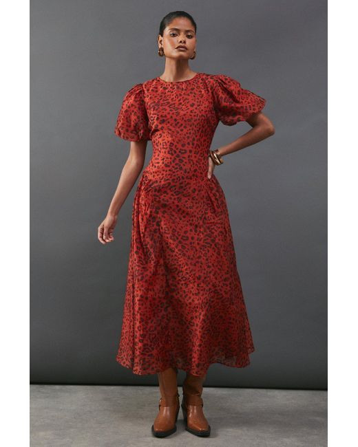 Warehouse Red Organza Puff Sleeve Godet Side Midi Dress