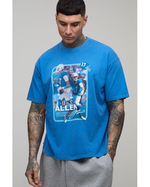 BoohooMAN Blue Tall Oversized Nflpa Josh Allen License Washed Printed T-Shirt for men
