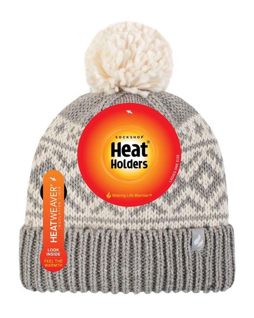 Heat Holders Gray Ladies Patterned Turnover Bobble Hat