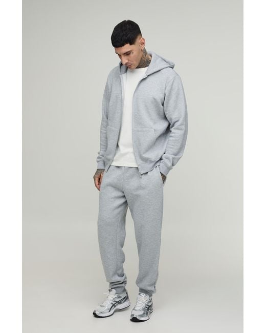 BoohooMAN Gray Tall Regular Zip Through Hooded And Straight Leg Cuffed Jogger for men