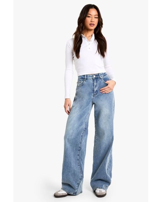 Boohoo Tall Comfort Stretch Mid Waist Wide Leg Jean in Blue Lyst UK