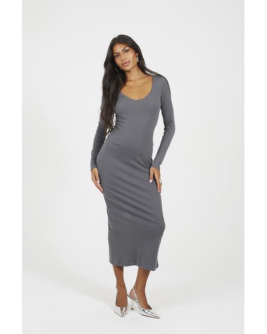 Brave Soul Blue V-Neck Fitted Long Sleeve Maxi Dress