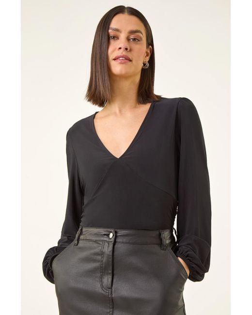 Roman Black Gathered V-Neck Stretch Top
