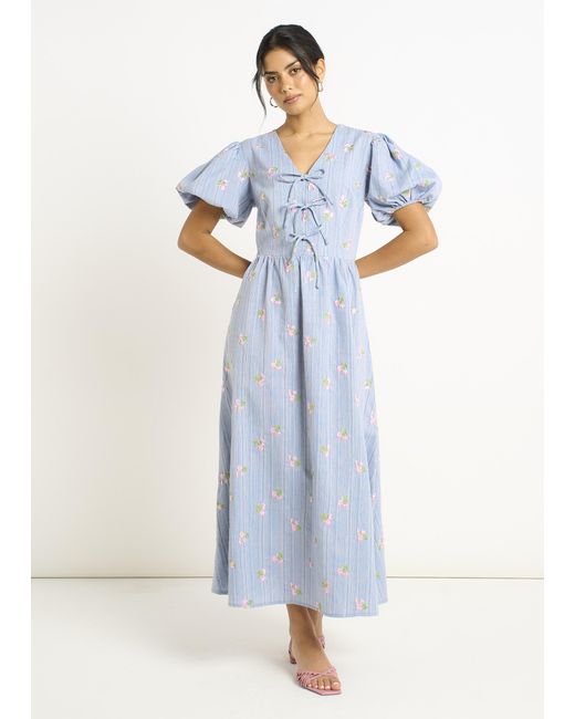Gini London Blue Cotton Mix Tie Detail Puff Sleeves Midi Dress