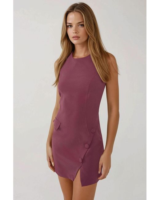 Hiccup Purple Fitted Crew Neck Mini Dress With Buttons
