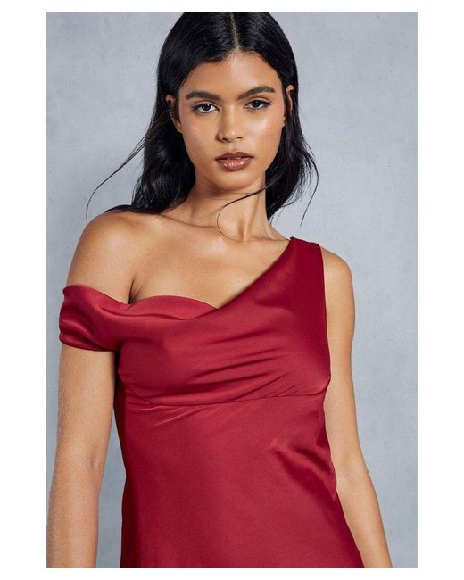 MissPap Red Satin Off The Shoulder Asymmetric Midaxi Dress