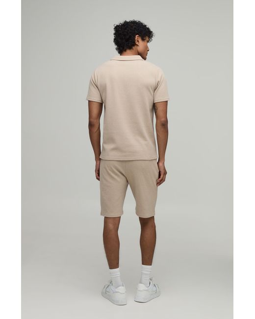 BoohooMAN Natural Slim Fit Waffle Revere Polo & Short Set for men