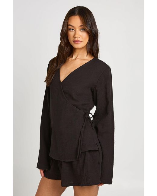 Boohoo Black Tall Cheesecloth Tie Side Wrap Shirt Co-Ord