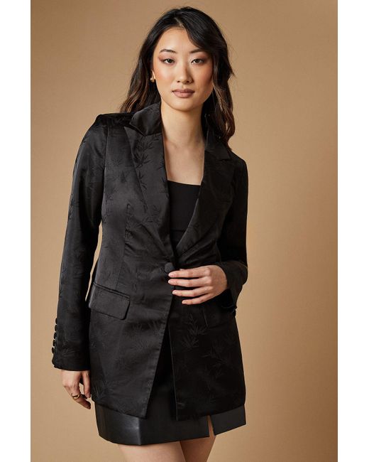 Oasis Black Satin Jacquard Single Breasted Blazer