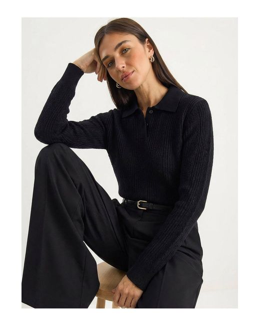 Bianco Lucci Black Textured Polo Collar Sweater