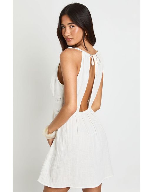 Boohoo White Textured Lace Trim Mini Dress