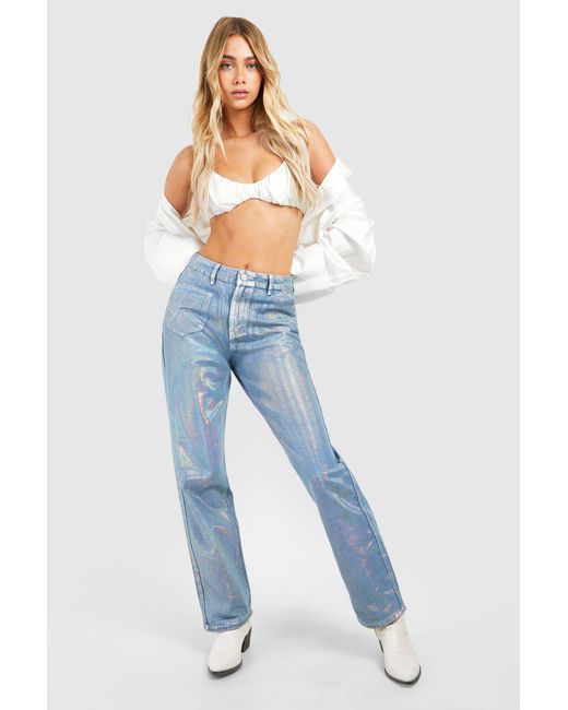Boohoo Blue Iridescent Metallic Coated Straight Leg Jeans