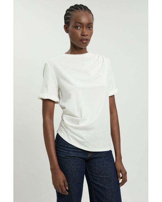 Karen Millen White Cotton Jersey Gathered Detail T-Shirt