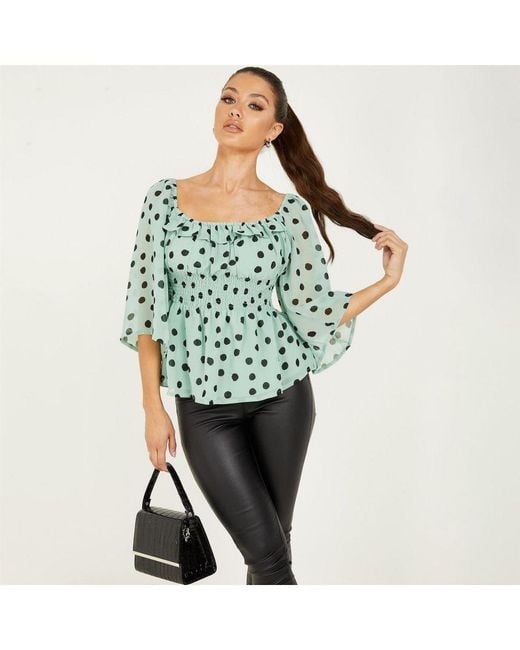 Quiz Green Chiffon Polka Dot Blouse