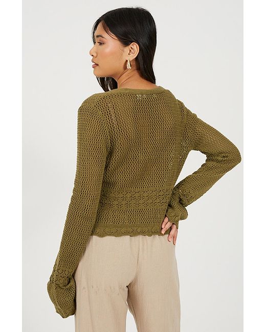 Brave Soul Green Light V-Neck Tie Front Cardigan With Flared Cuffs