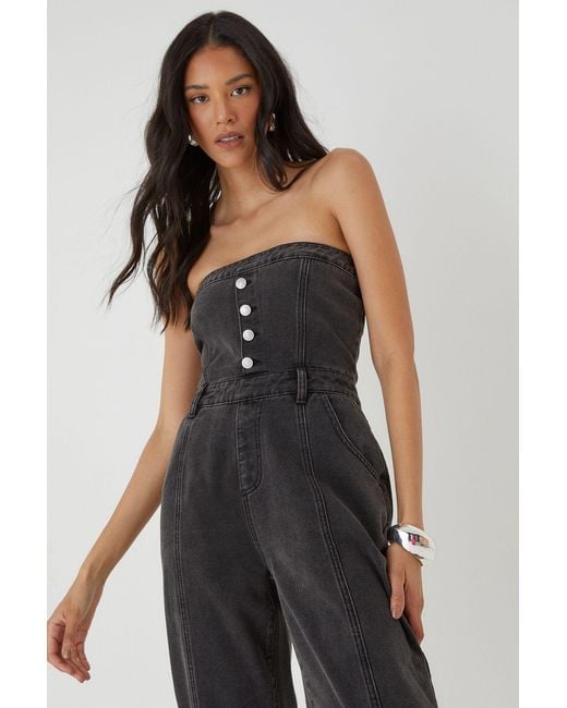 MissPap Black Bandeau Button Up Denim Jumpsuit