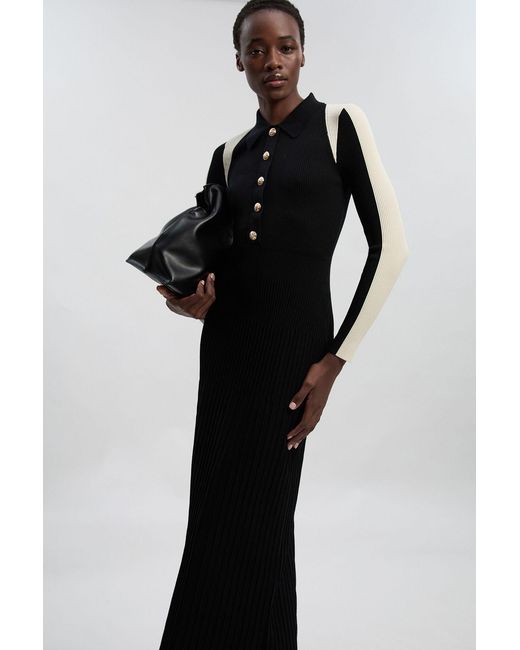 Karen Millen Black Petite Rib Knit Military Colour Block Midi Dress
