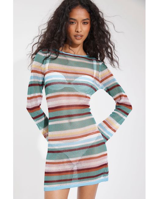 Boohoo Gray Beach Crochet Stripe Knit Mini Dress