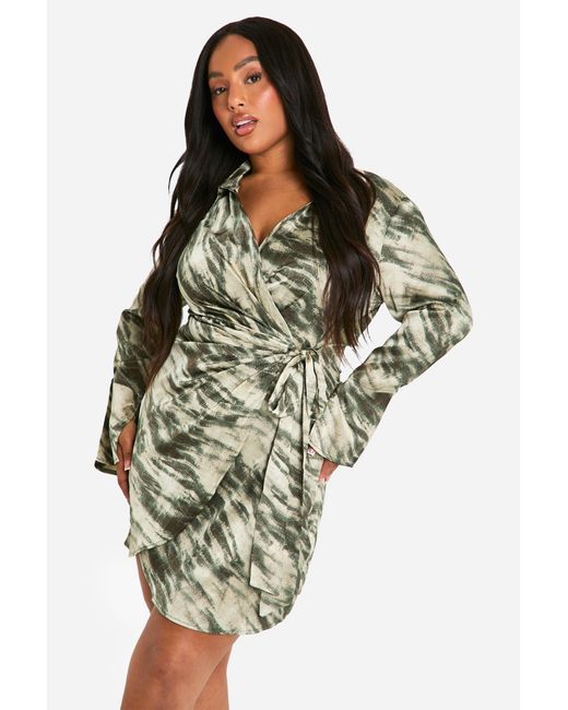 Boohoo Green Plus Marble Print Wrap Shirt Dress