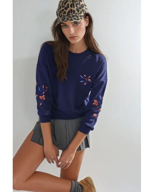 Hiccup Blue Modal Touch Crew Neck Embroidered Sweatshirt